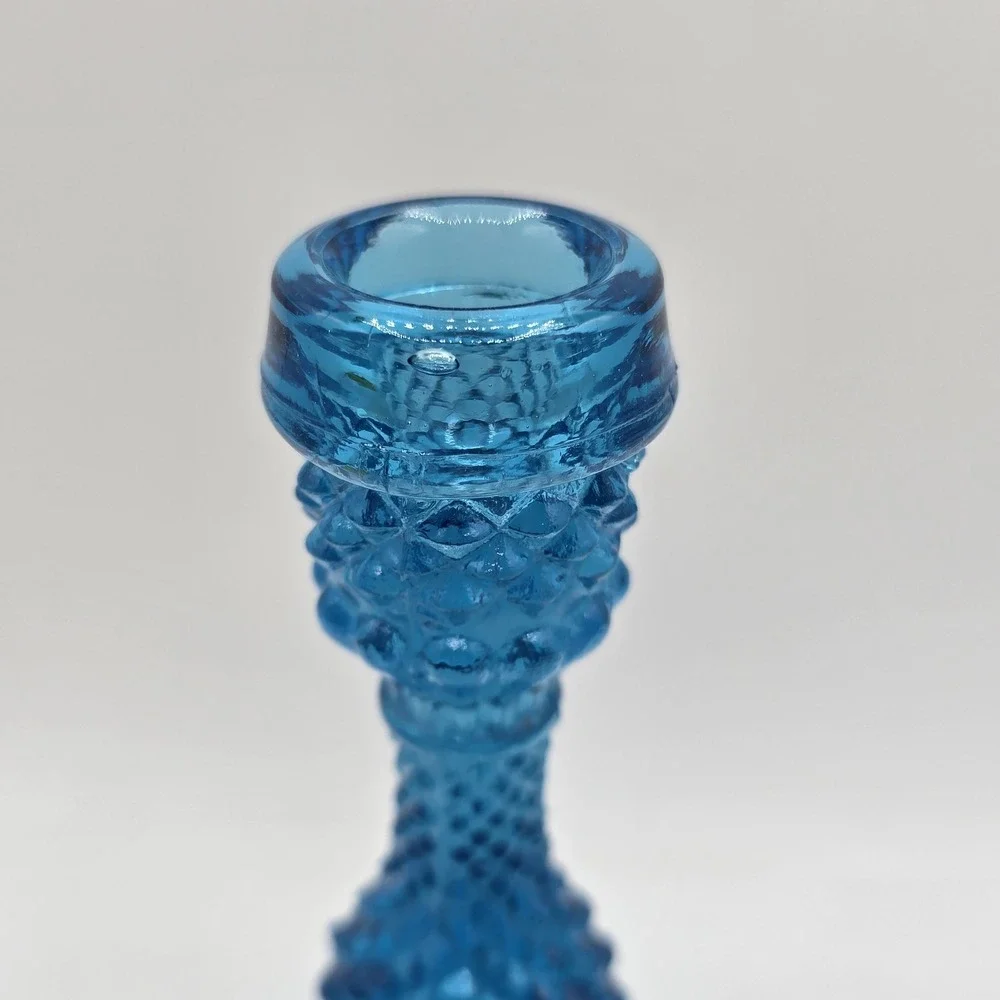 Blue Diamond Point Cut Taper Candle Holder Hobnail Vtg Cottagecore